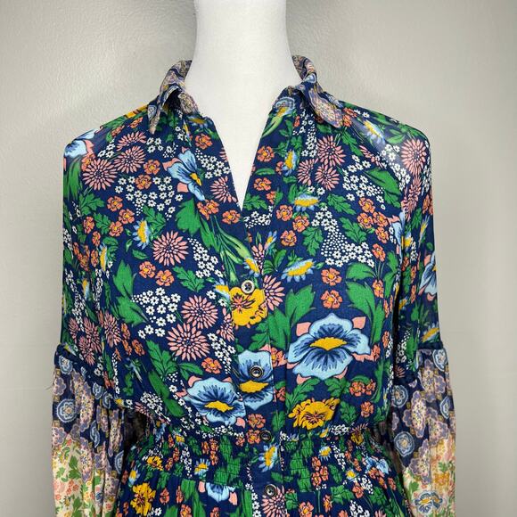 Anthropologie Maeve Ondine Floral Maxi Dress XS Sheer Sleeve Boho Peasant Navy - Picture 3 of 13